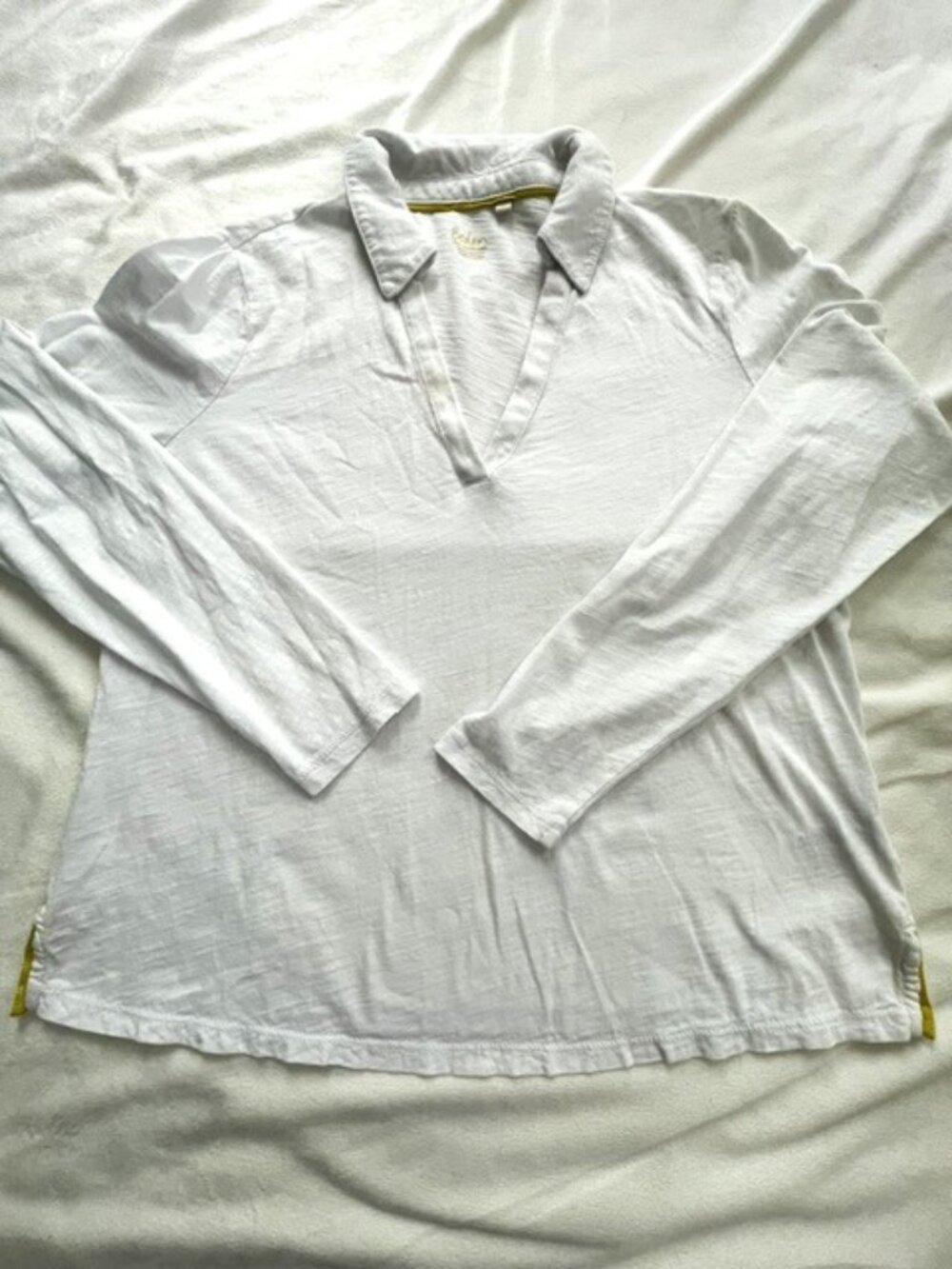 Boden Polo Shirt Women's Long Sleeve V-Neck Cotton, White, Size M